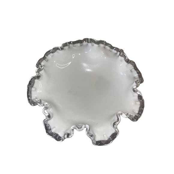 Fenton Silver Crest Milk Glass Bowl Dish 8”X4” Pedestaled Ruffled Vintage - Picture 4 of 6